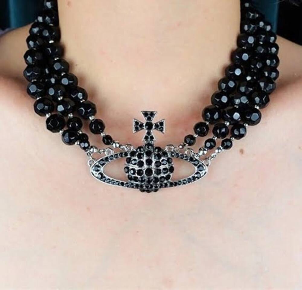 Vivienne Westwood Black Crystal 3-Row Orb Choker Necklace